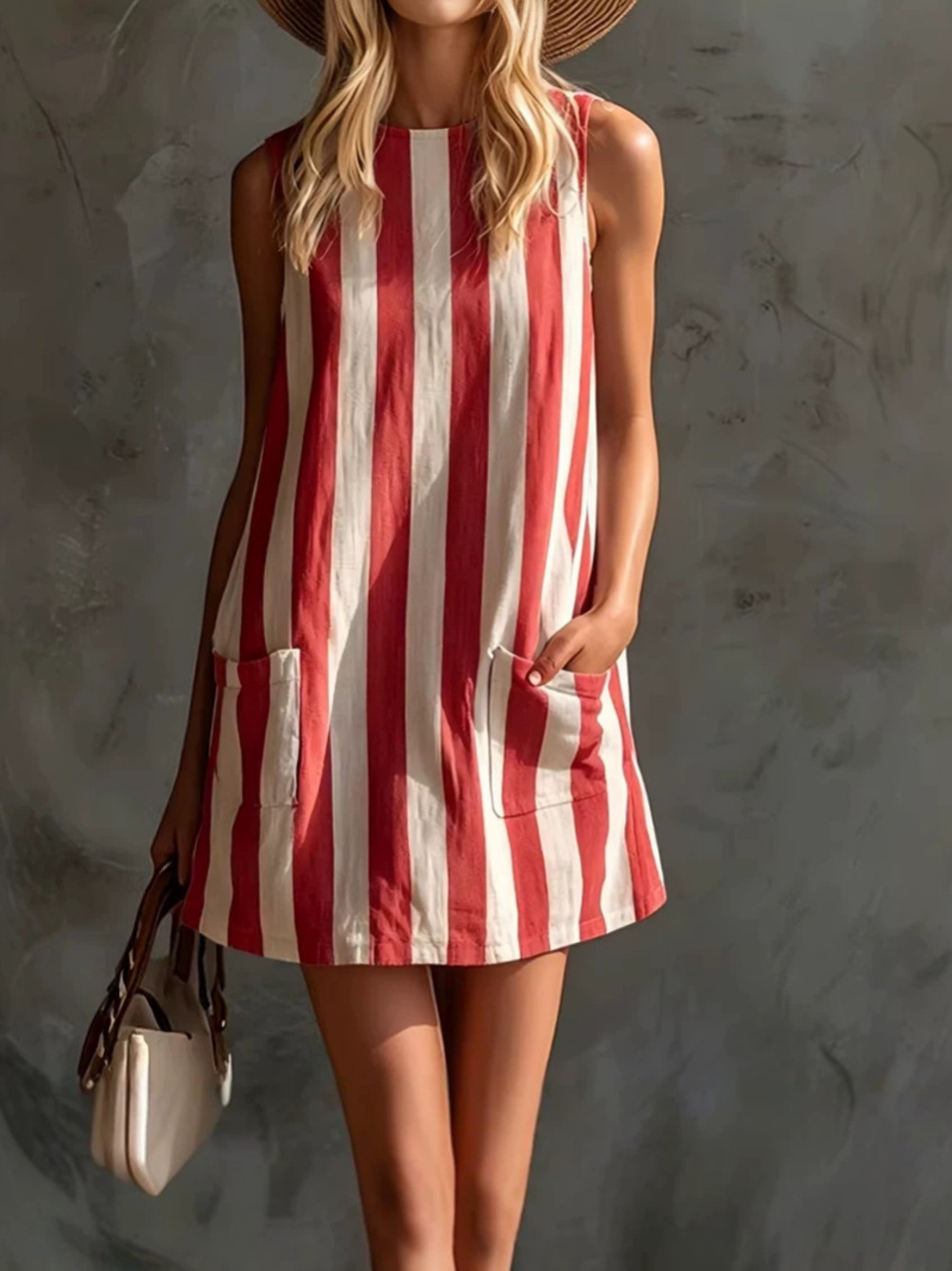 Women's Red Vertical Stripe Sleeveless Pocket Shift Mini Dress